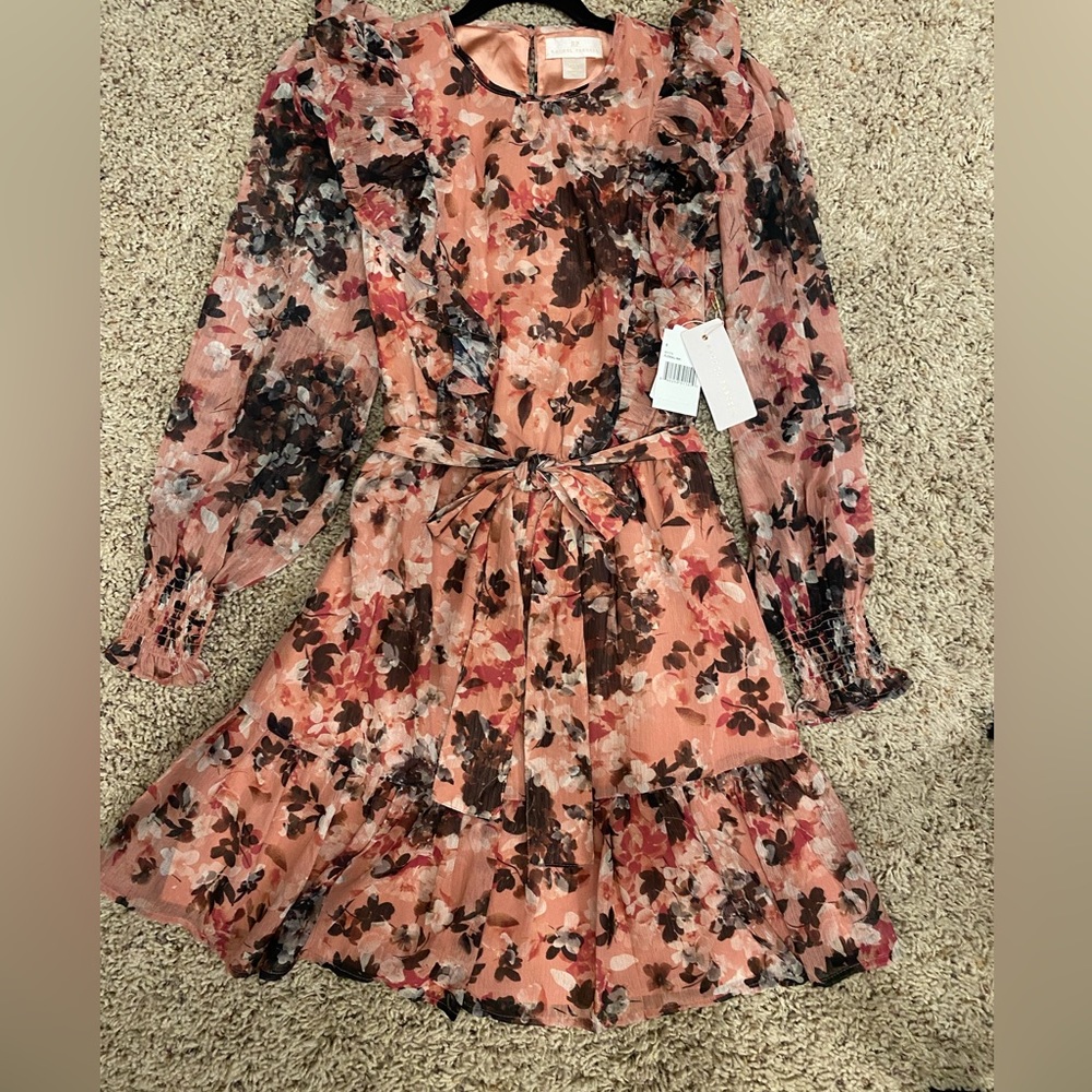 Rachel Parcell Floral Print Crew Neck Long Puffed Smocked Sleeve Tiered Blouson